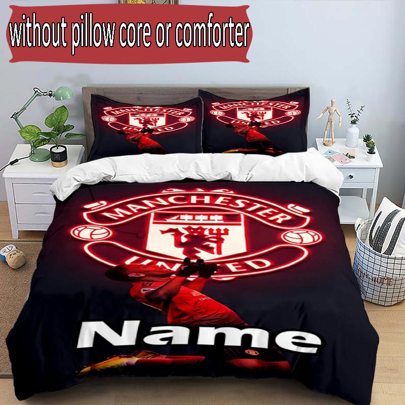 3pcs Duvet Cover Set (1*Duvet Cover + 2*Pillowcase, Without Core), Custom Name Manchester Football F.C Pattern Bedding Set, Home Bedroom Decor Gift
