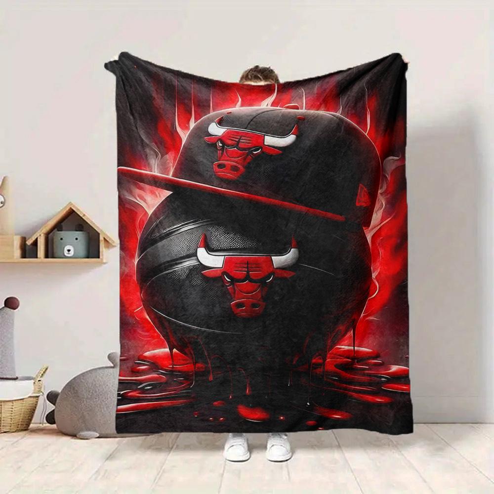 1pc Bulls Cap Basketball Cozy Print Blanket Lightweight Warm Flannel Throw Blanket For Sofa, Bed, Living Room