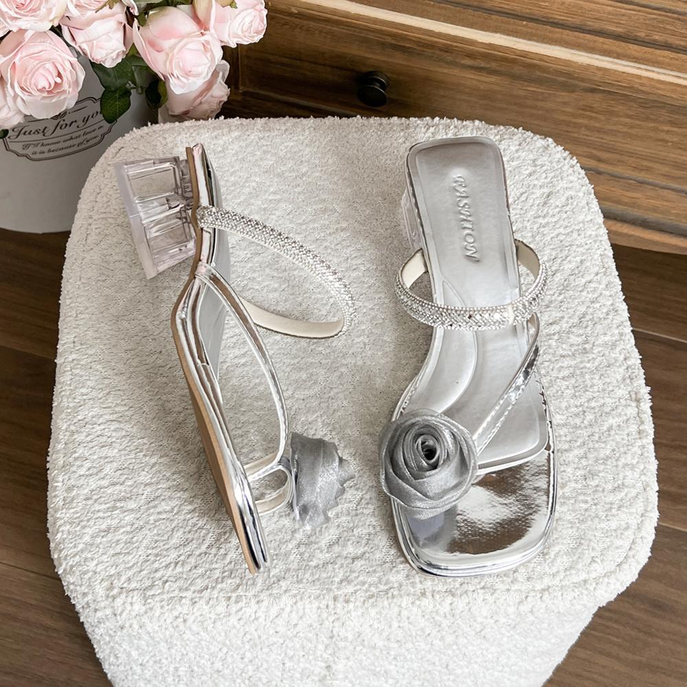 Summer New Women's Flat Sandals Floral Design Korean Sle Low Heel Thi Heel Versatile Fairy Diamond Casual Leather Sandals