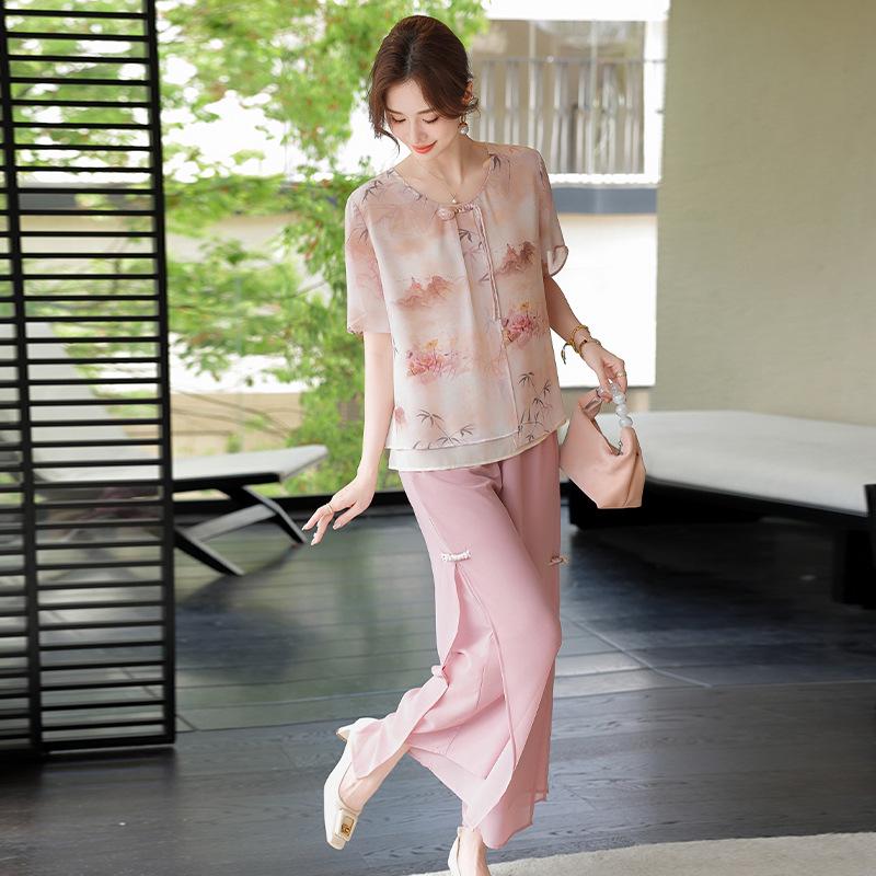 

2026 Chic Summer Printed Mother s Suit - Slimming Cool Breathable Two-Piece Set XL (suggested 95-115 jin)