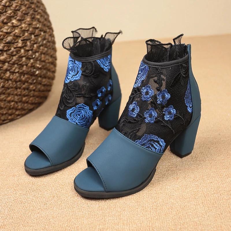 Fashion 2025 New Elegant Round Toe Zip Pumps Lace Flower Ankle Strap Hollow Out Sandals Fashion Women High Heels Shoes Zapatos De Mujer