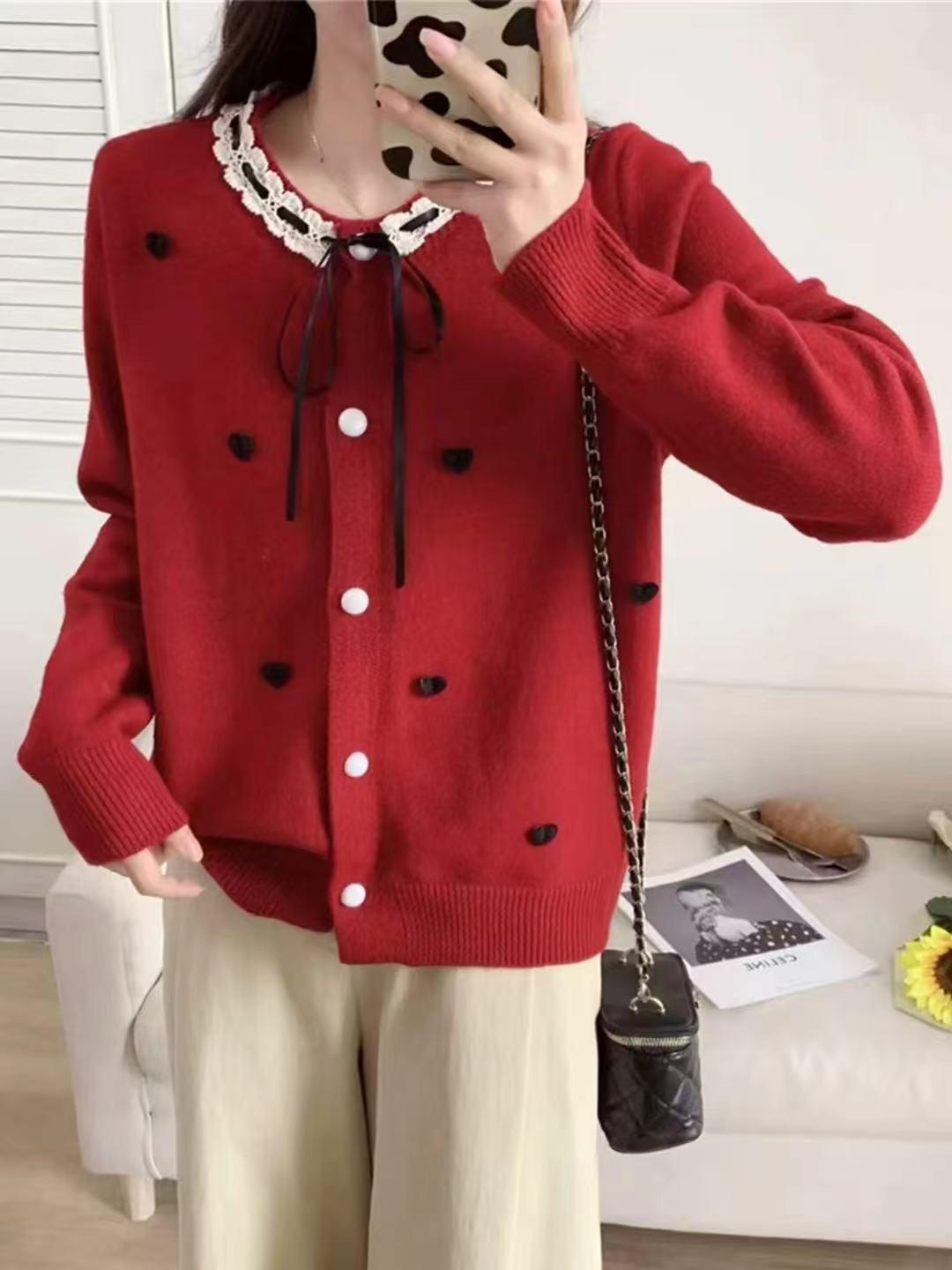 

European Style Heart Bow Lace Knit Cardigan: Autumn/Winter Fashionable Round Neck Sweater for Women M [80-125]