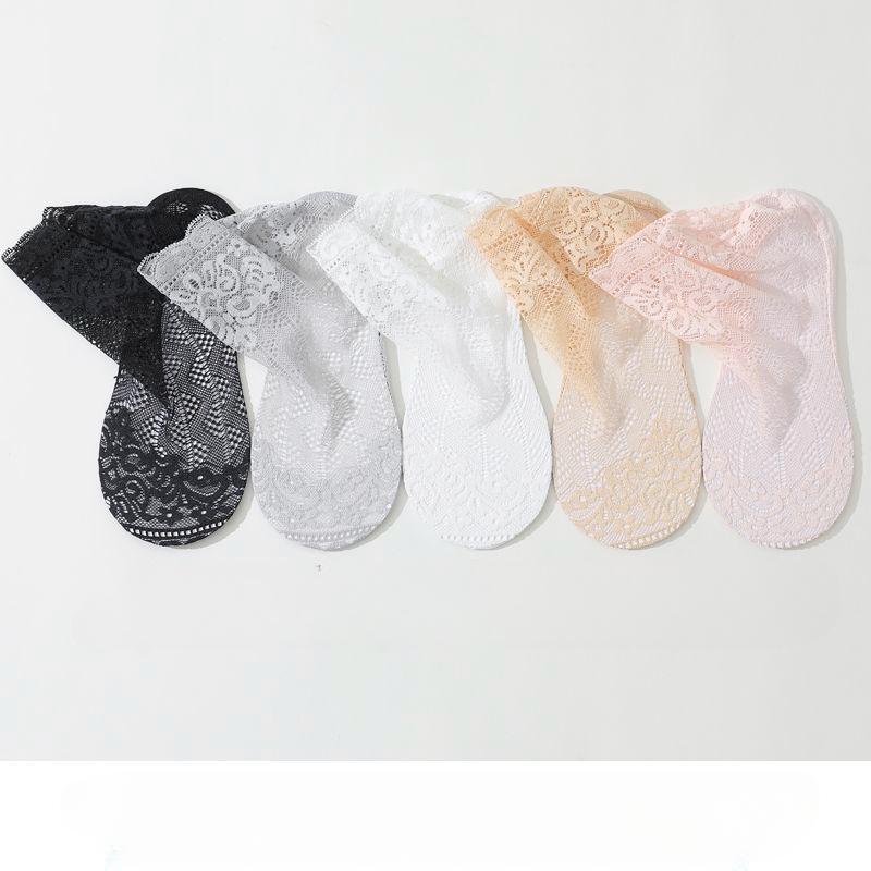 5 Pairs of Lace Mesh Stockings for Women In Summer Thin Mid Tube Solid Color Cotton Sole Breathable High Tube Hollow Lace Short Stockings