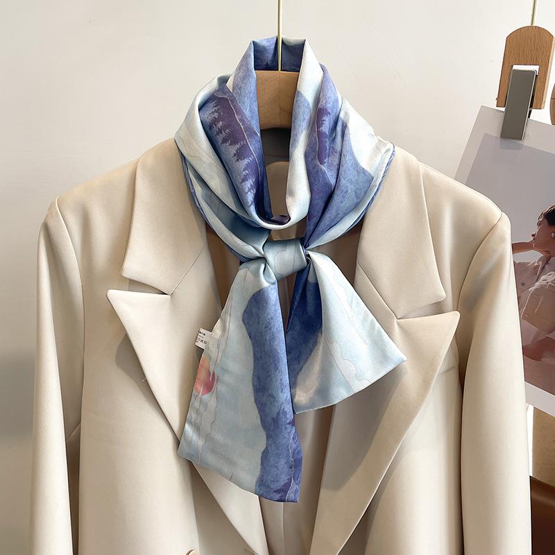 Long Skinny Neckerchief Hair Scarf For Women Fashion Floral Print Headband Silk Feel Satin Hairbands Tie Scarves Female 150cm