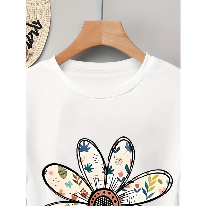 European Size Floral Print Elegant Women's Heavyweight Short Sleeve T-Shirt - Holiday & Graduation Outfit, Autumn/Winter New Arrival