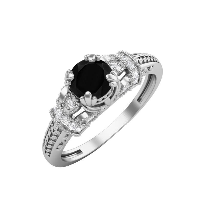 

5MM Round Black Spinel Gemstone 925 Sterling Silver Solitaire Blossom Design Women Wedding Ring 7.5 білий