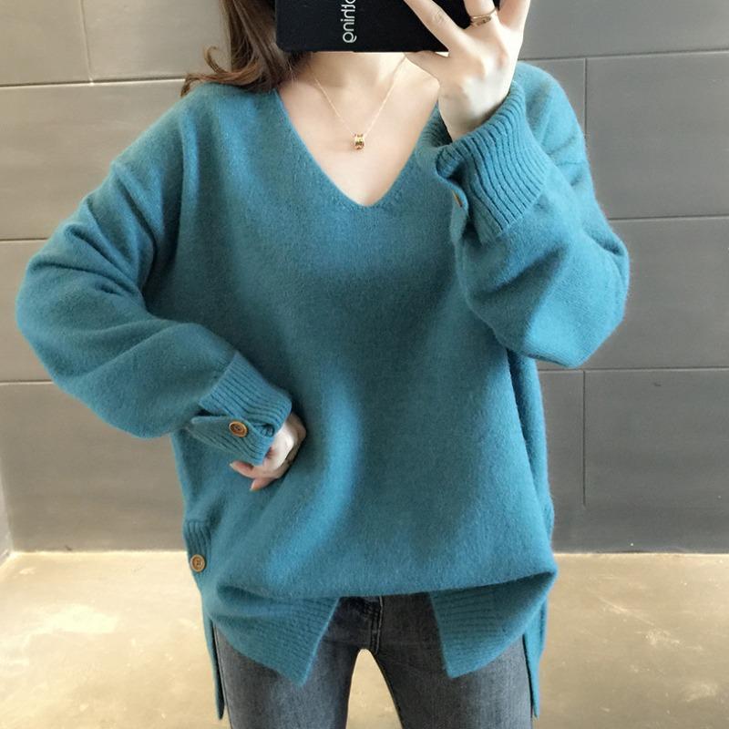 Autumn New Long Sleeve V Neck Women's Knitted Sweater Fashion Casual Loose Solid Winter Sweaters Women Soft Warm Elegant Ladies Knitwear Jumpers 25524