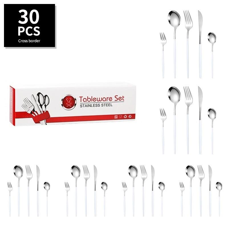 

30 столовых приборов, набор столовых приборов из матового золота, нержавеющая сталь, торт, вилка для фруктов, блюдо, нож, вилка, ложка, столовые приборы, набор кухонных принадлежностей 30pcs серебряный