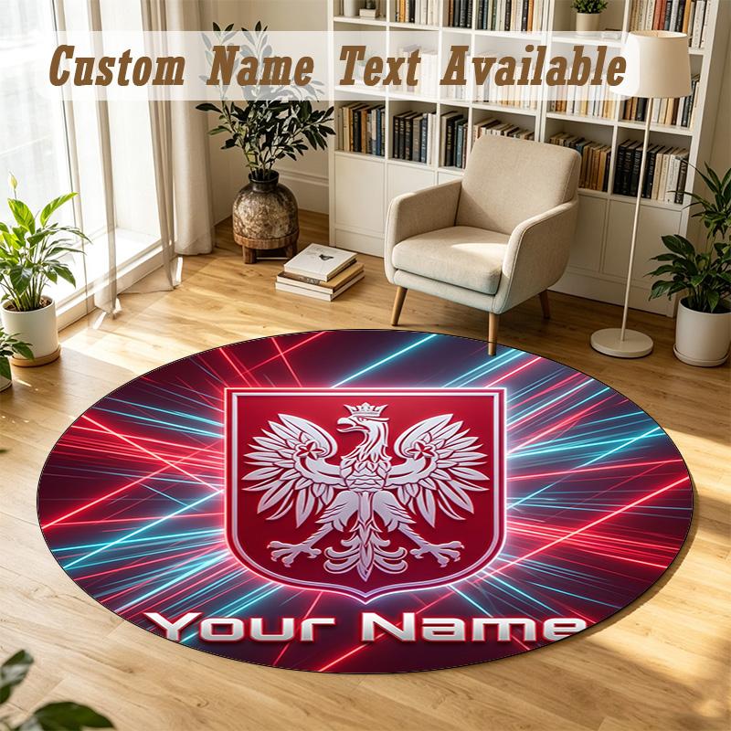 Round Rug Custom NamePoland Football Pattern Non Slip Carpet Home Floor Decor