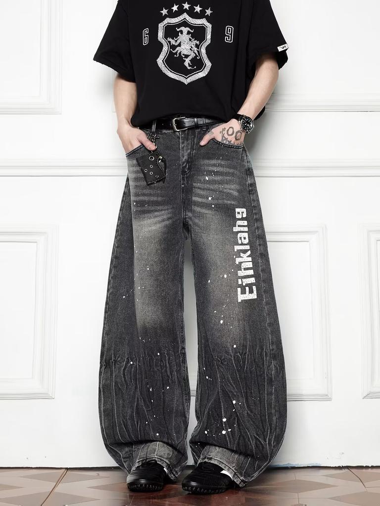 Men's Mid Rise Washed Cat Whisker Barrel Jeans Loose Wide Leg Denim Pants American Vintage High Street Y2K Casual Four Seasons Long Trousers