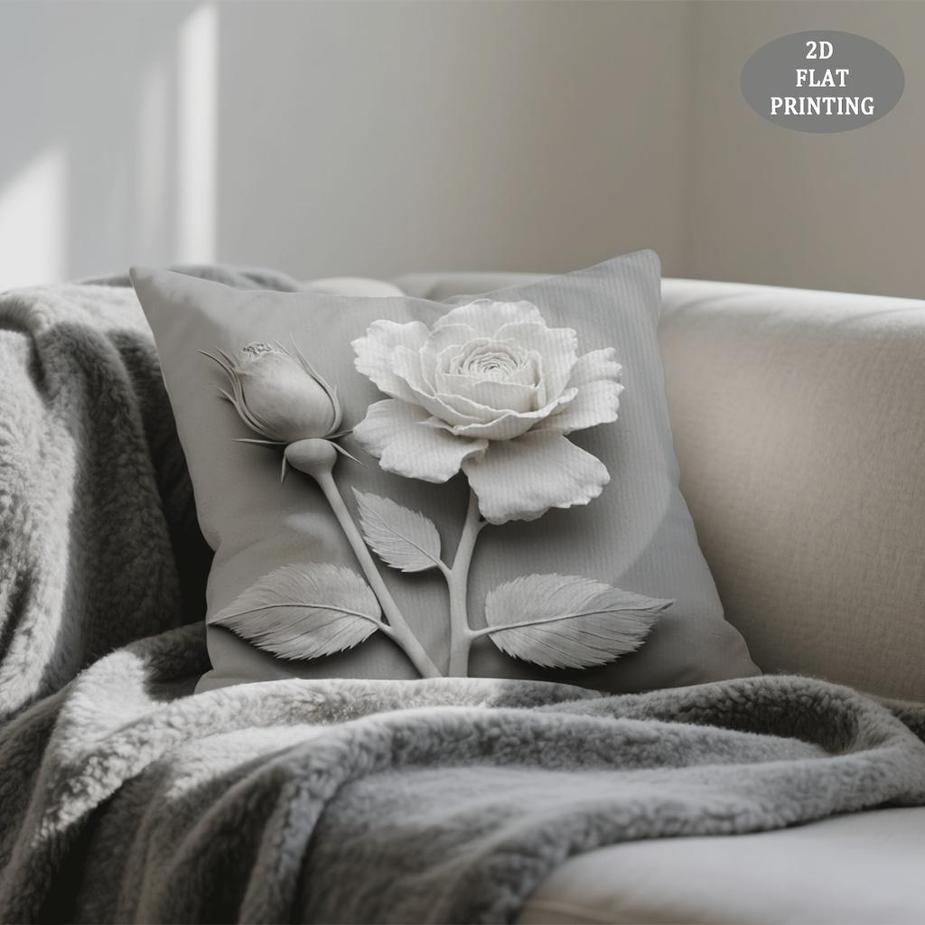 1pc Throw Pillow Cover, Gray Rose Pattern Short Plush Pillowcase, INS Style, No Insert Included, Suitable for Sofa Cushion, Seat Cushion