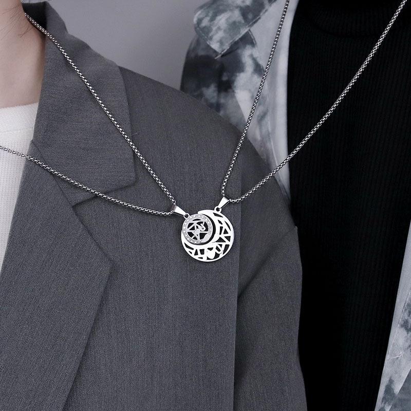 Dewu Sun Moon Pendant Necklace - Heart Stitch Design in Titanium Steel for Men and Women, Perfect Couple Gift.
