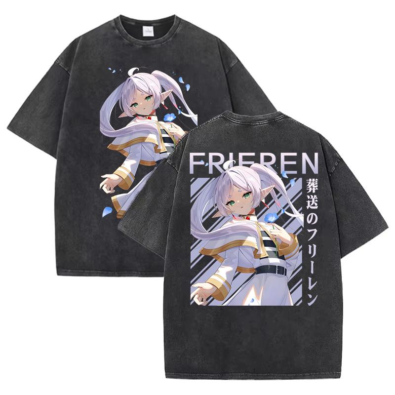 Hot Sale Anime Peripherals Frieren: Beyond Journey's End Graphic Print T-Shirt Men Women Streetwear Fashion Vintage Washed Cotton Summer New Tee