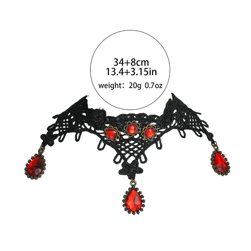 Vintage Red Crystal Pendant Lace Necklace Female, Personalized Exaggerated Collarbone Chain Lace Neck Chain Collar