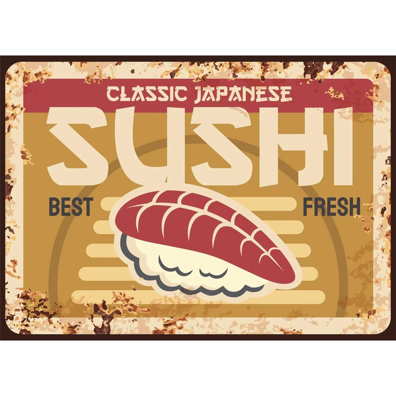 

Старовинні японські продукти суші Плакат Металева табличка Олов яна табличка Рамен Пиво Металеві пластини для кухні Домашній чоловік Печера Бар Паб Декор стін 20x30cm небо синє кольору