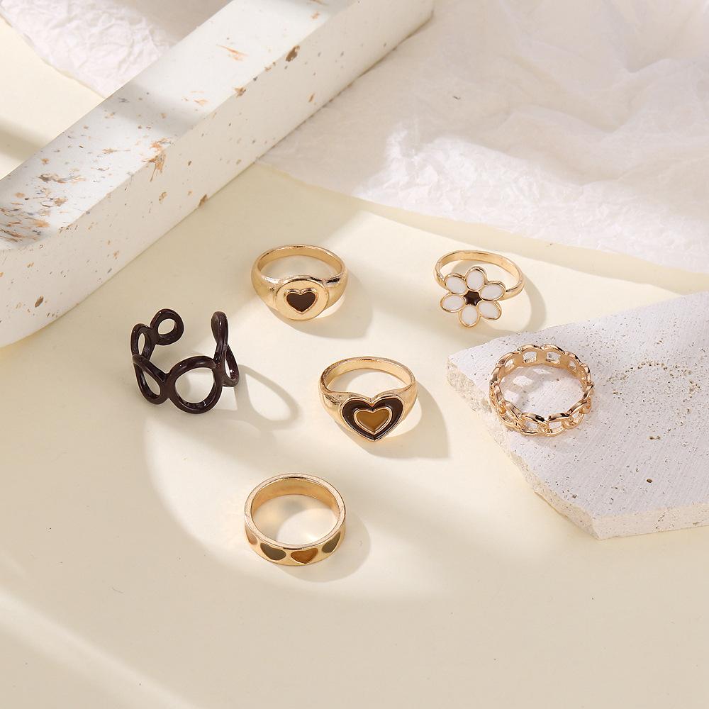 Ring, Fashionable Brown Love Drip Ring Six-Piece Set, Geometric Flower Ring Combination Set