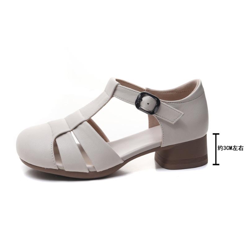 New summer first layer cowhide sandals women's retro sandals with skirt thick heel pig cage shoes
