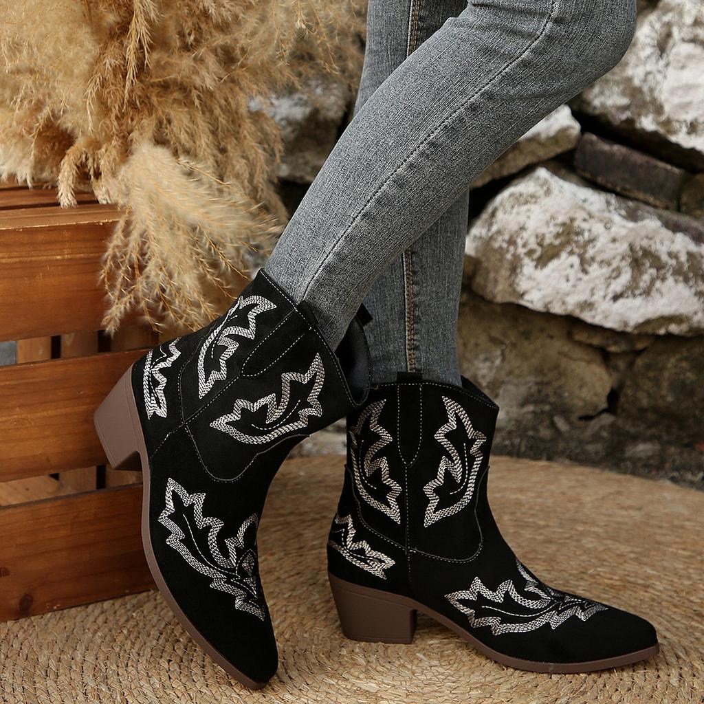 Fashion Pattern Boots Women 2025 Square Heel Pointed Toe Ankle Boots Woman Comfortable Faux Suede Booties Mujer