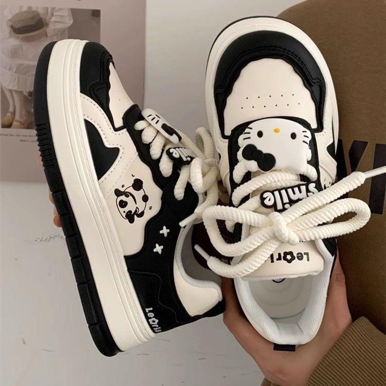2025 Spring Niche Panda Black and White Ugly Cute Little White Shoes Children Platform Versatile Leisure Students Running Board Shoes Tide
