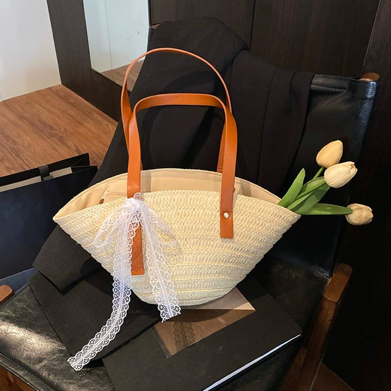 

Yogodlns Summer Shoulder Bag Paper Rope Hand-Woven Handbags Handmade Casual Fashion Simple Portable Shopper Totes for Holiday 41x14x18cm бежевий