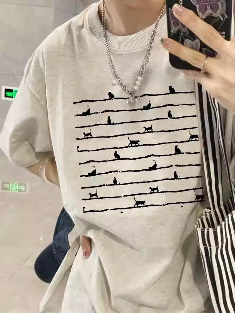 Women's Heavyweight Cotton Printed Short-Sleeve T-Shirt - 2025 Summer Collection, American Straight Shoulder, Loose Fit