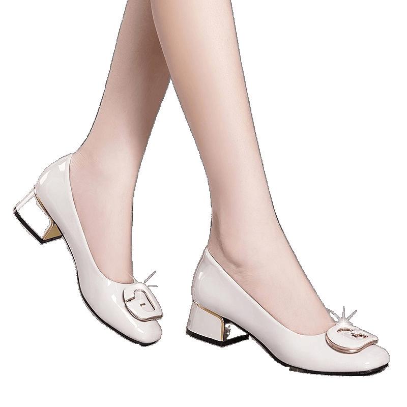 Genuine Leather Women's Chunky Heel Loafers with Shiny Patent and Soft Leather, Round Toe, Wide Fit, Suitable for All Seasons