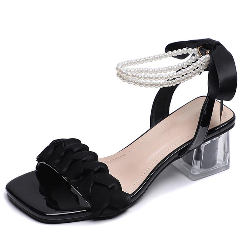 

Fashion Elegant Pearl Beaded Anklet Sandals Women Transparent Med-High Heeled Shoes Ladies Office Dress Tacones Ribbon Bow PVC Sandalias 33 чёрный