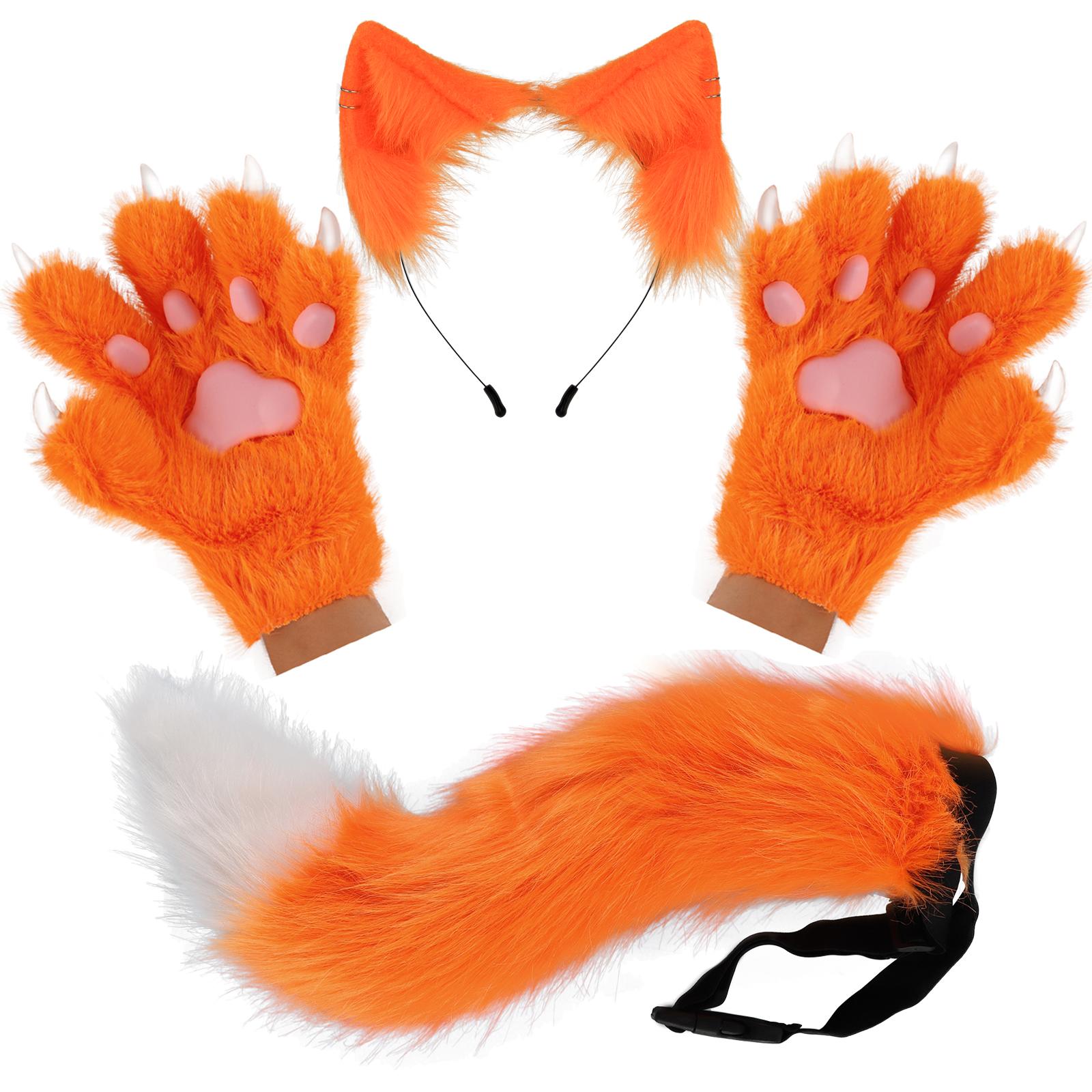 

Fluffy Cat Ears Cat Long Tail Plus Cute Cat Paws Gloves Set Cosplay Costume Accessories Halloween Carnival Party Dress Up 26cm