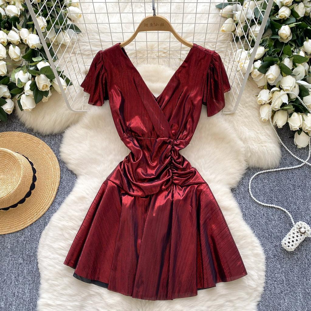 Summer Women V-neck Mini Short Sexy Club Party Fold Dresses