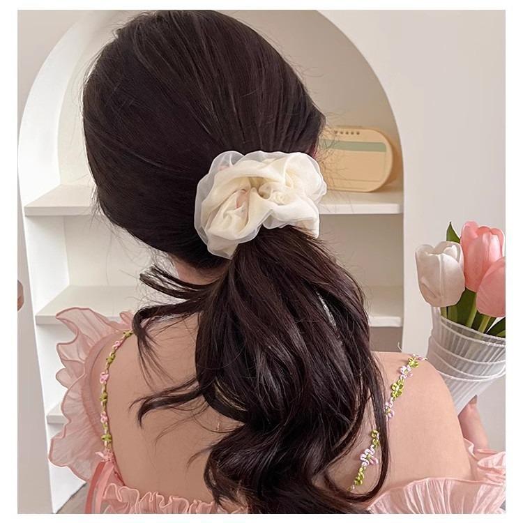 Rose Large Fat Intestine Hair Band Double-Layer Organza Head Flower Hair Band High Value Ponytail Hair Accessories