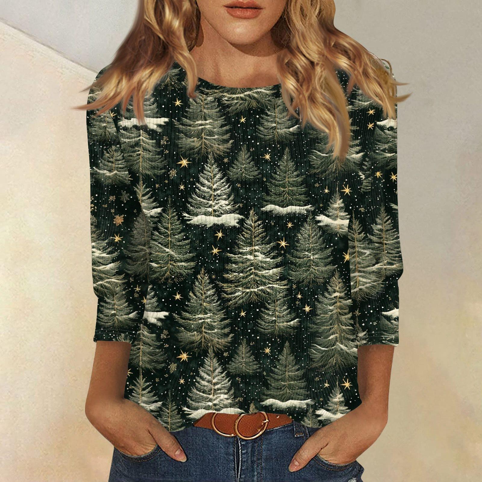 

3/4 рукава топы для женщин футболка повседневные принты топы футболка круглый вырез пуловер блузка M зелёный