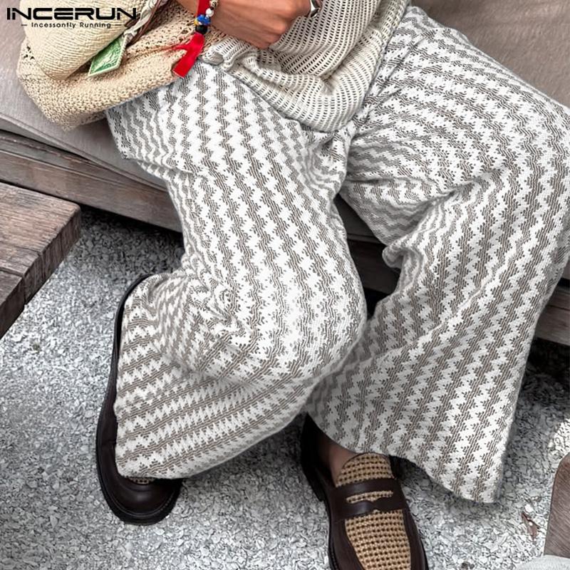 INCERUN Men Elastic Waist Striped Print Casual Holiday Long Straight Pants Trousers