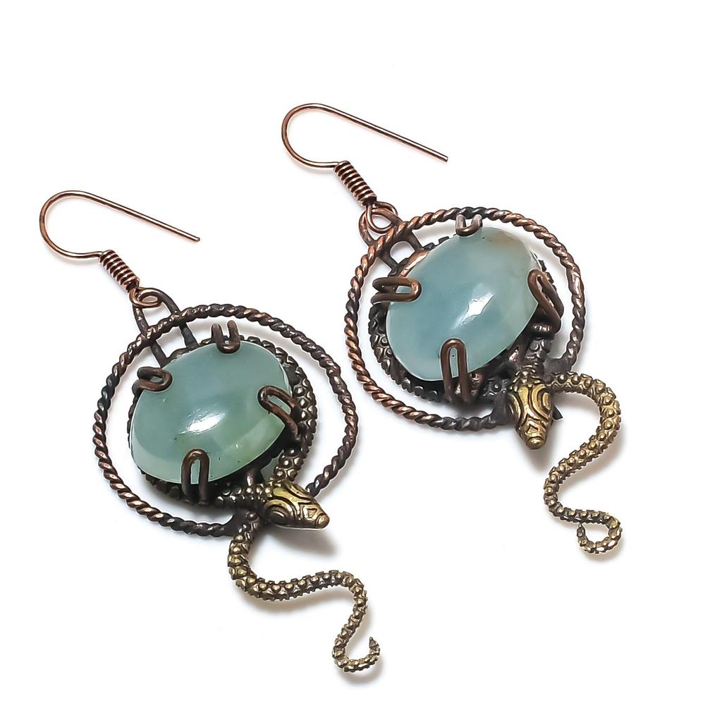 Aquamarine 999 Copper Wire Wrapped Earrings, Handmade Gemstone Earrings Jewelry, Gifts For Wife Brand New Earrings