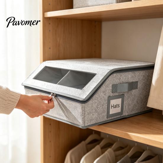 Storage Box for Berets Foldable Hat Bin, with Clear Window And Handle, Seasonal Clothing Organizer Non-woven Fabric Baseball Cap Organizer,