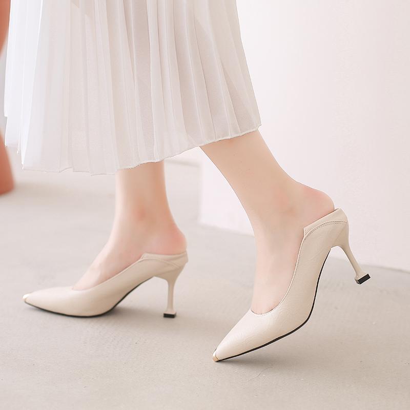 Weiche Pu-Leder-Pumps mit dünnen Absätzen, Damenmode, Metall, spitze Zehen, High Heels, Schuhe für Damen, neue Zwei-Wege-Büro-Freizeitschuhe