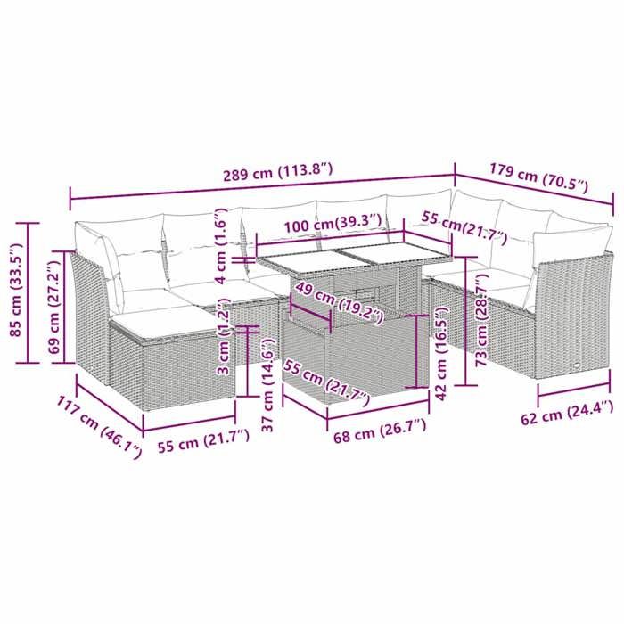 VidaXL Salon de jardin avec coussins 9pcs marron résine tressée acacia, ensemble de canapés d'extérieur, salon de jardin 3326215