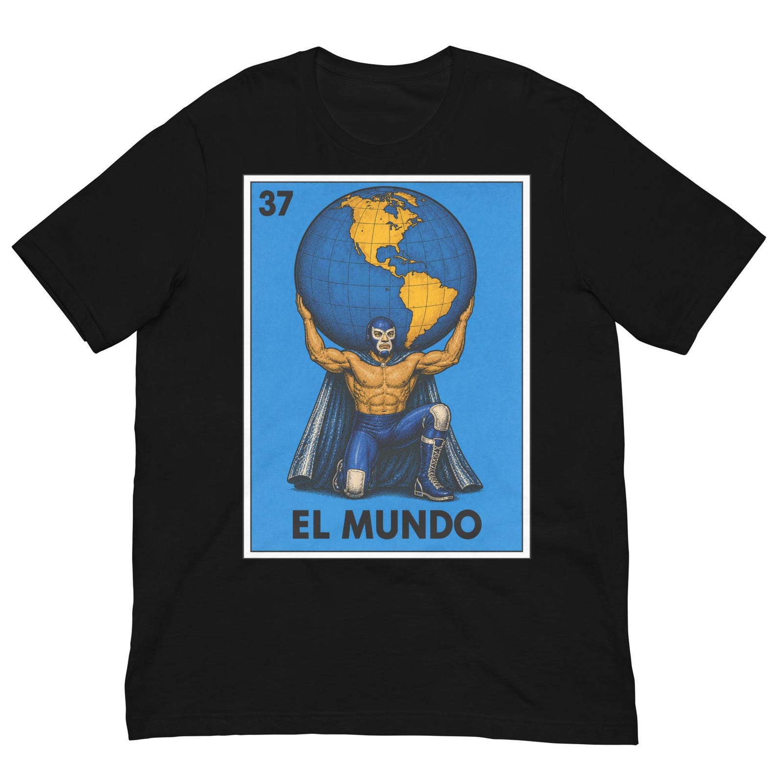 El Mundo Blue Demon Masked Wrestler Shirt, Mexican Lucha Libre Loteria Card, Retro Wrestling Graphic Tee, Chicano Mexico Art M