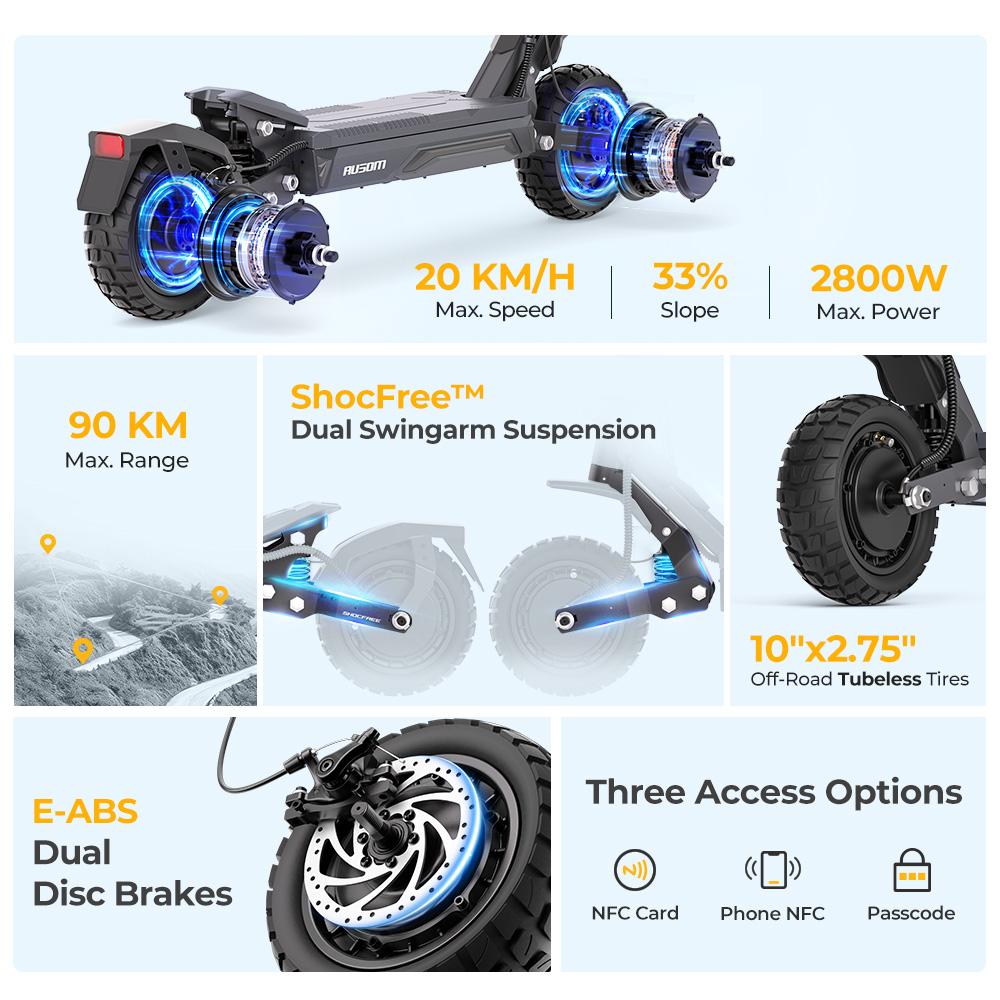 Patinete eléctrico Ausom Gosoul 2 Pro de doble motor, 2x1000W, 48V 18Ah, 10", 60 km/h, 90 km, frenos de disco duales, suspensión delantera dual, NFC.