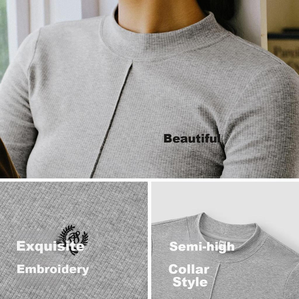 Semir Women's Long Sleeve T-shirt with Half High Neck and Split Design 2025 Winter Embroidered Slim Fit Fleece Top