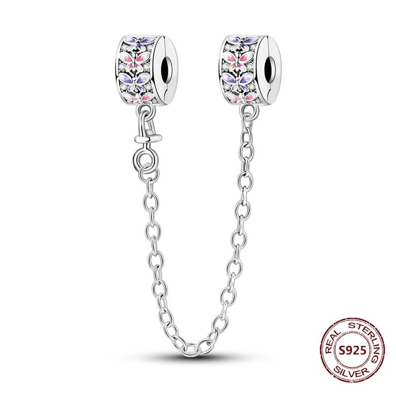 Butterfly Charm copper Authentic Pink Blue Zircon Fly Butterflies Safety Chain Clip Charm Bead Charms Compatible With Bracelets Do It Yourself Jewelle