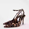 New Sexy Temperament Senior Sense Fine Heel Sandals Pointed Satin Leopard Print High Heels Slingback Sandals Wedding Shoes