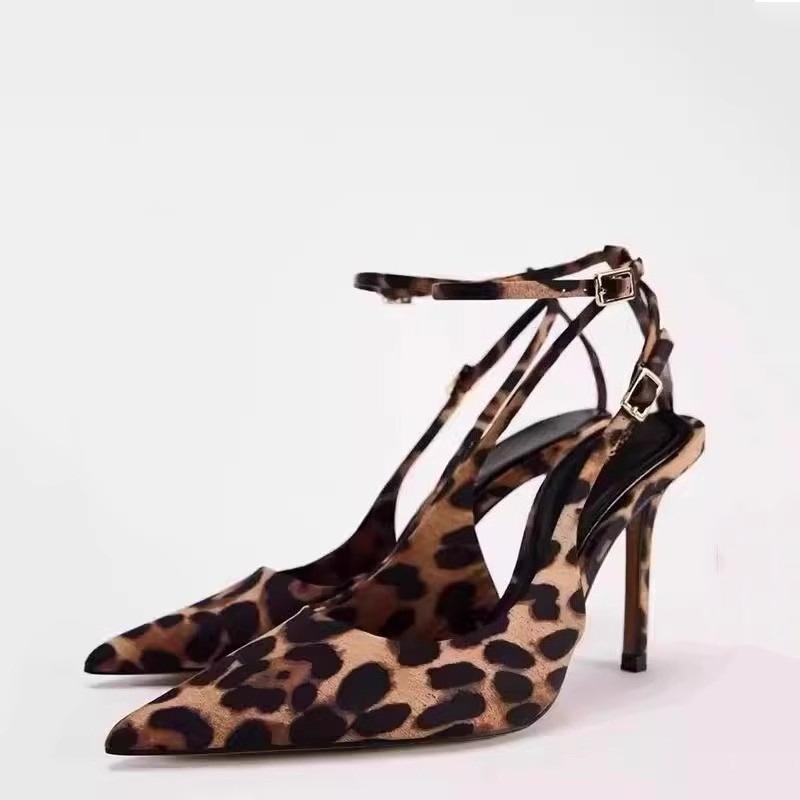 New Sexy Temperament Senior Sense Fine Heel Sandals Pointed Satin Leopard Print High Heels Slingback Sandals Wedding Shoes