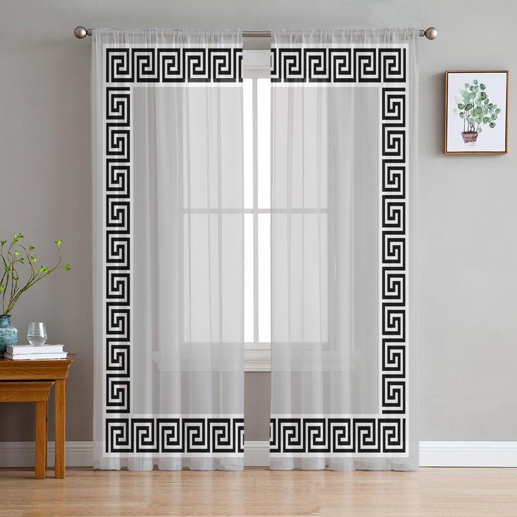 Cortinas Voile Transparentes con Patrón Geométrico Rojo de Llave Griega para Ventana de Salón, Cortina de Tul de Chifón para Cocina, Dormitorio, Cortinas Decorativas para el Hogar