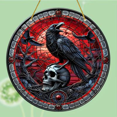 Krähen-Sonnenfänger, 20,3 x 20,3 cm, bunte Totenkopfkunst für Fenster und Wände, perfekt für alle Jahreszeiten, Veranda- und Gartendekoration, ideales Geschenk, Halloween-Dekoration