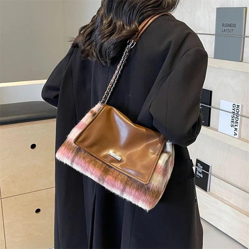 Small Soft Woolen Shoulder Bag for Women 2024 Winter Korean Fashion Female Chain Underarm Bag Handbags and Purses