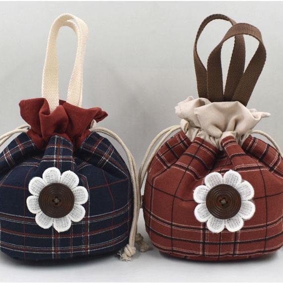 Canvas Bucket Bag, Women's Japanese Style Portable Bento Bag, Retro Artistic Small Bag, Drawstring Bag, Hand-held Lunch Box Bag