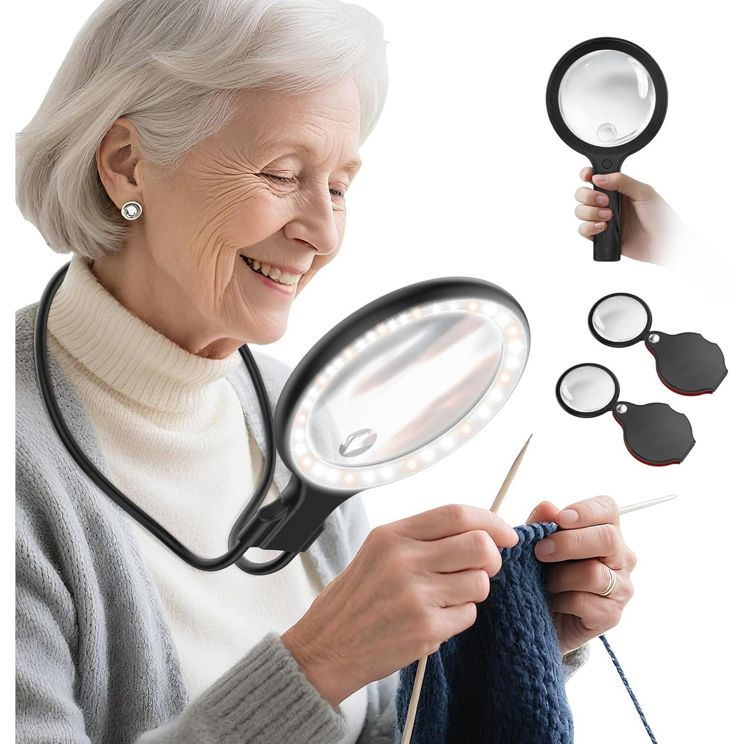 

Neck Wear Magnifying Glass with Light for Close Work,5.5 Inch 5X Handheld Lighted Magnifier for Reading Books,Included 2PCS Upgrade 10X Small Magnify чорний