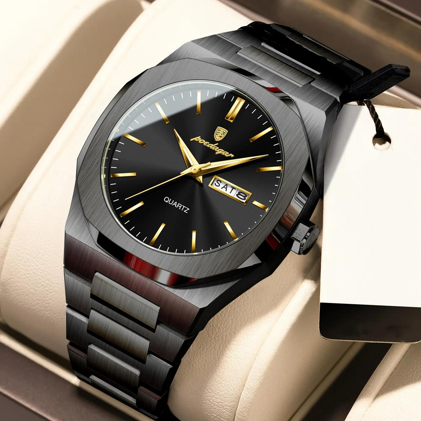 

POEDAGAR Лучшие роскошные мужские часы водонепроницаемые светящиеся календарные мужские наручные часы спортивные кварцевые мужские часы из нержавеющей стали чёрный