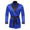 Mens Contrast Smoking Jacket Robe Belt Lapel Long Sleeve Side Pockets Satin Kimono Bathrobe Nightwear Loungewear