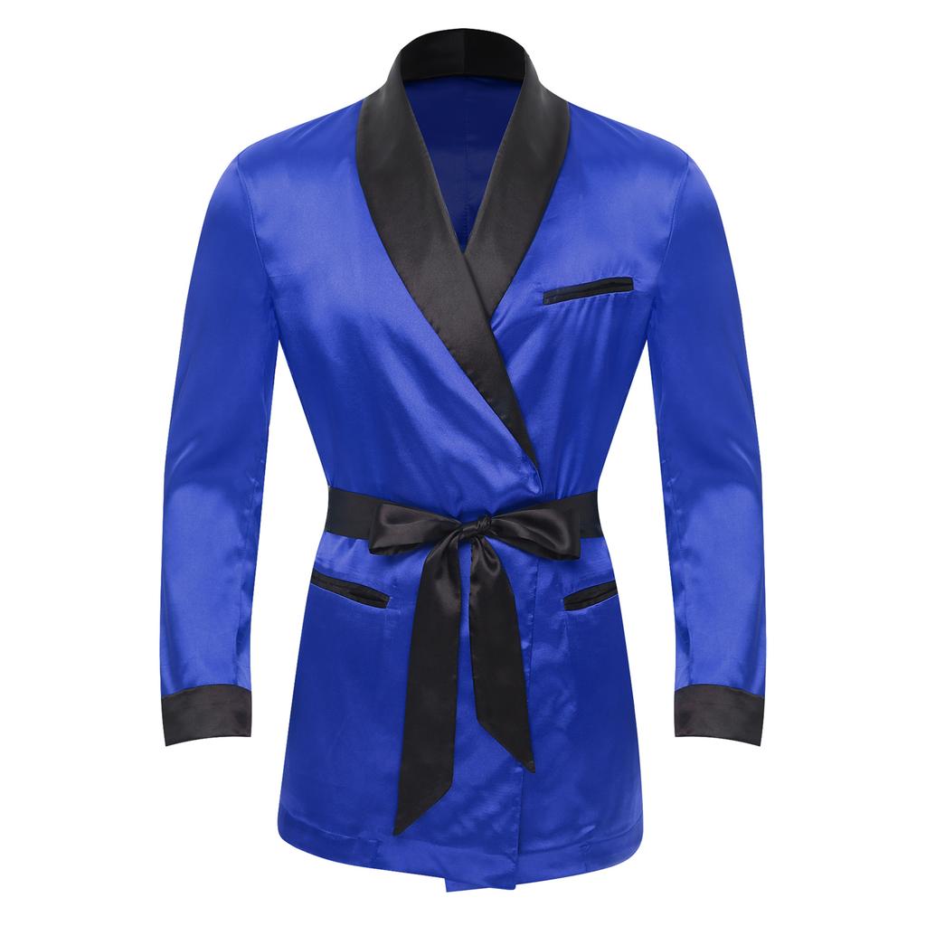 Mens Contrast Smoking Jacket Robe Belt Lapel Long Sleeve Side Pockets Satin Kimono Bathrobe Nightwear Loungewear